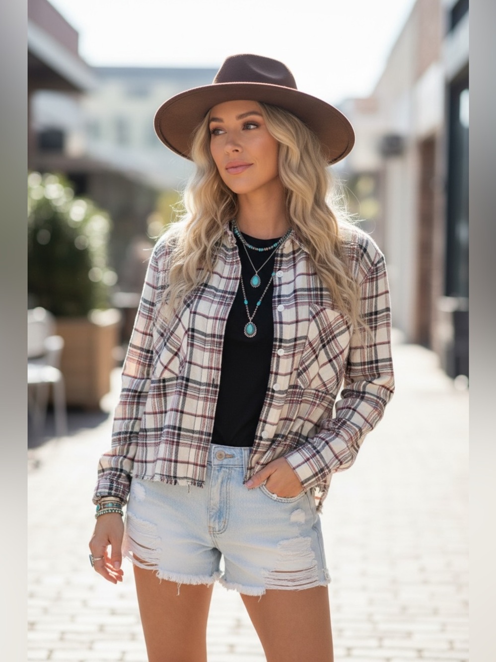 Plaid Button-Up Shirt red white black  large